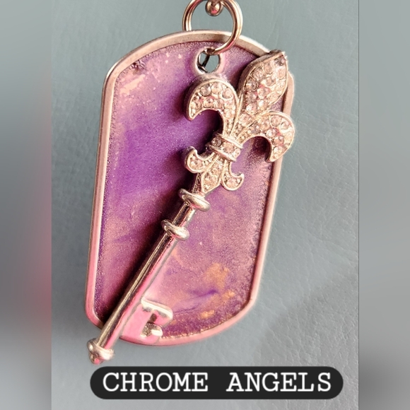 CHROME HEARTS Purple Pendant Rhinestones Fleur de Lis Silver Crystal Dog Tag 24" - Picture 14 of 16